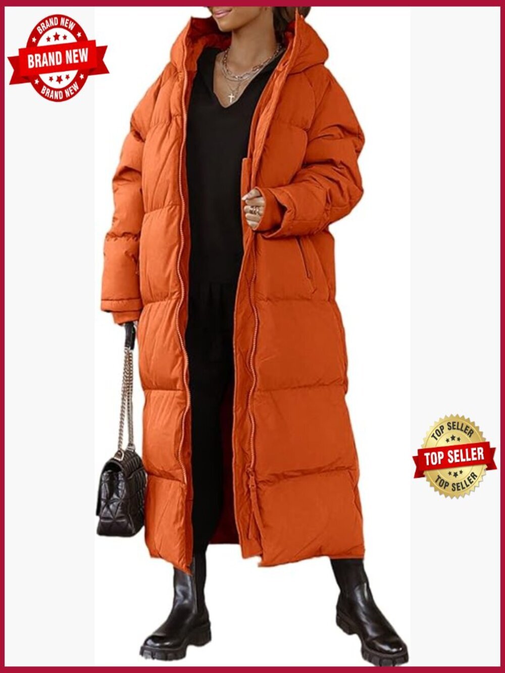 Womens Hooded Long Quilted Puffer Coat Maxi Length Winter Jacket